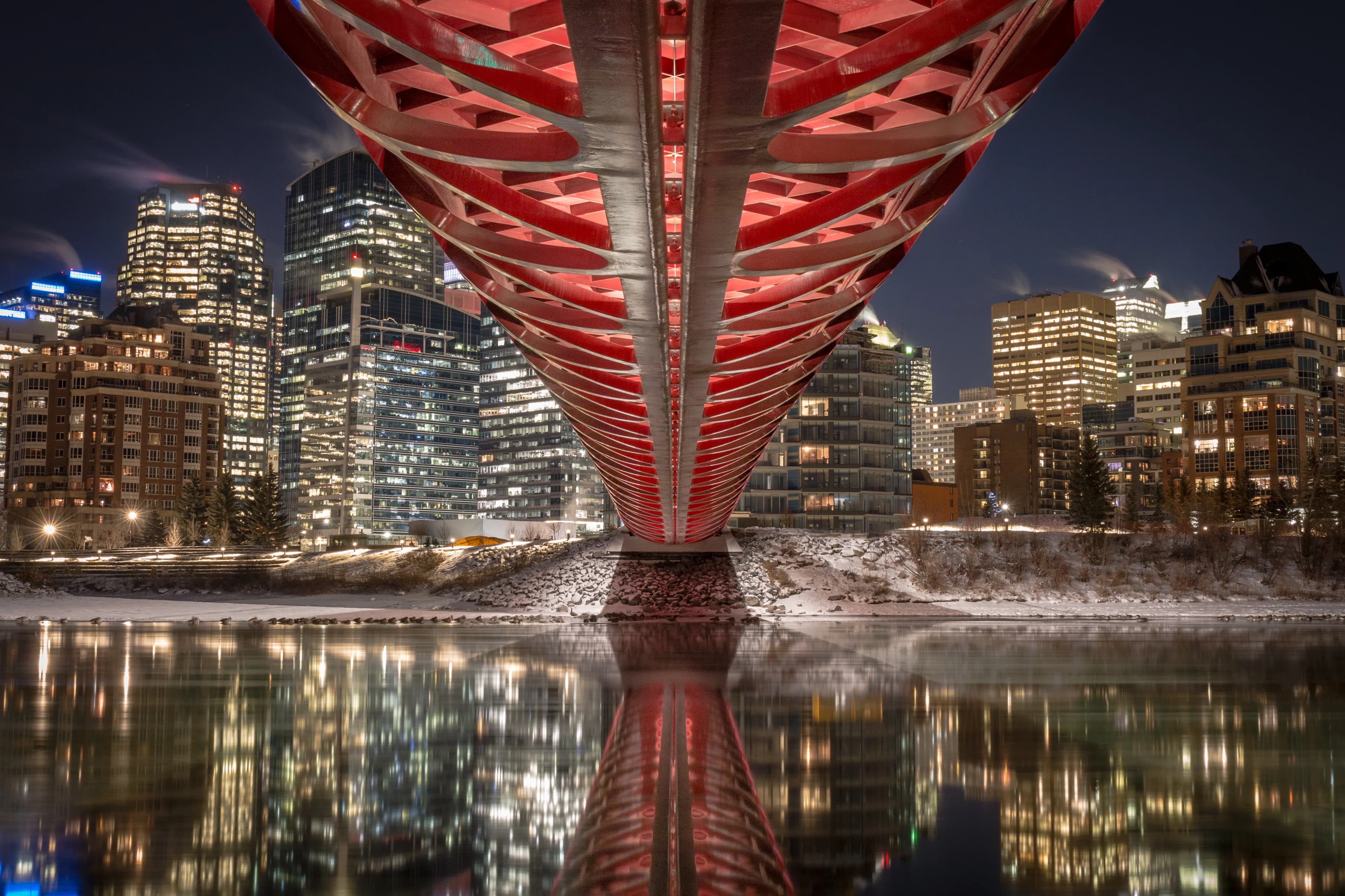 Calgary's Peace Bridge and downtown skyline at night